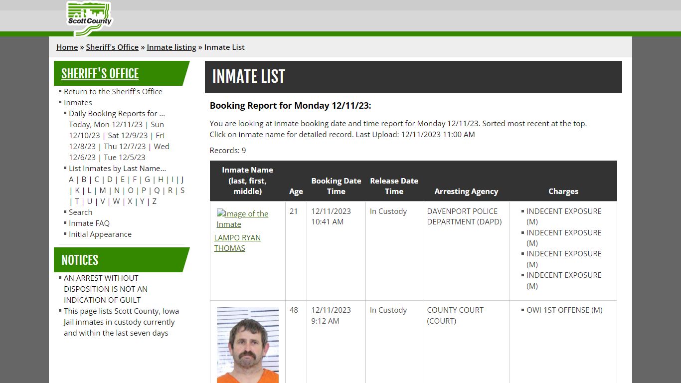 Inmate List - Scott County, Iowa